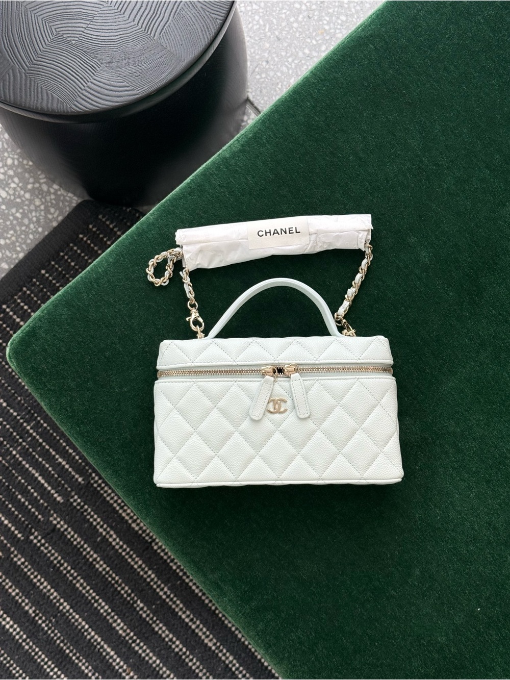 CHANEL Quilted Mini Vanity Bag in light blue with Gold Hardware